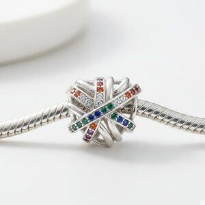 Sterling Silver Multicolour Ribbon Wrapped Heart Charm